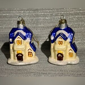 2 Vintage Mercury Glass Cottage House Shaped Ornament Glitter Snow by Commodore